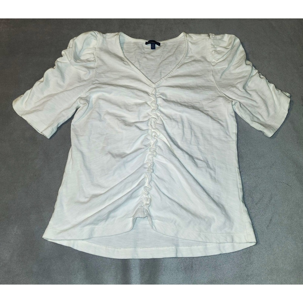 Democracy Women White 100% Cotton Ruched Front V Neck Puff Sleeve Top M/L